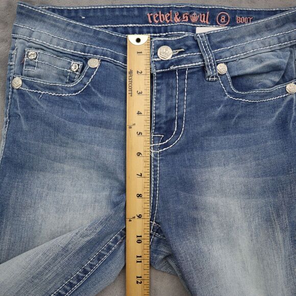 Rebel Soul Pants Womens 8 Blue Mid Rise 5 Pocket Design Boot Cut Faded Jeans - Picture 6 of 16